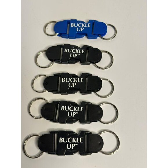 BUCKLE-UP Safety Keychain Set Lot of 5 Plastic Promotional Keyrings Blue & Black - Picture 2 of 5